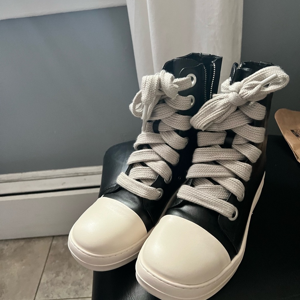 Rick Owens Black and White High-Top Athletic Shoes